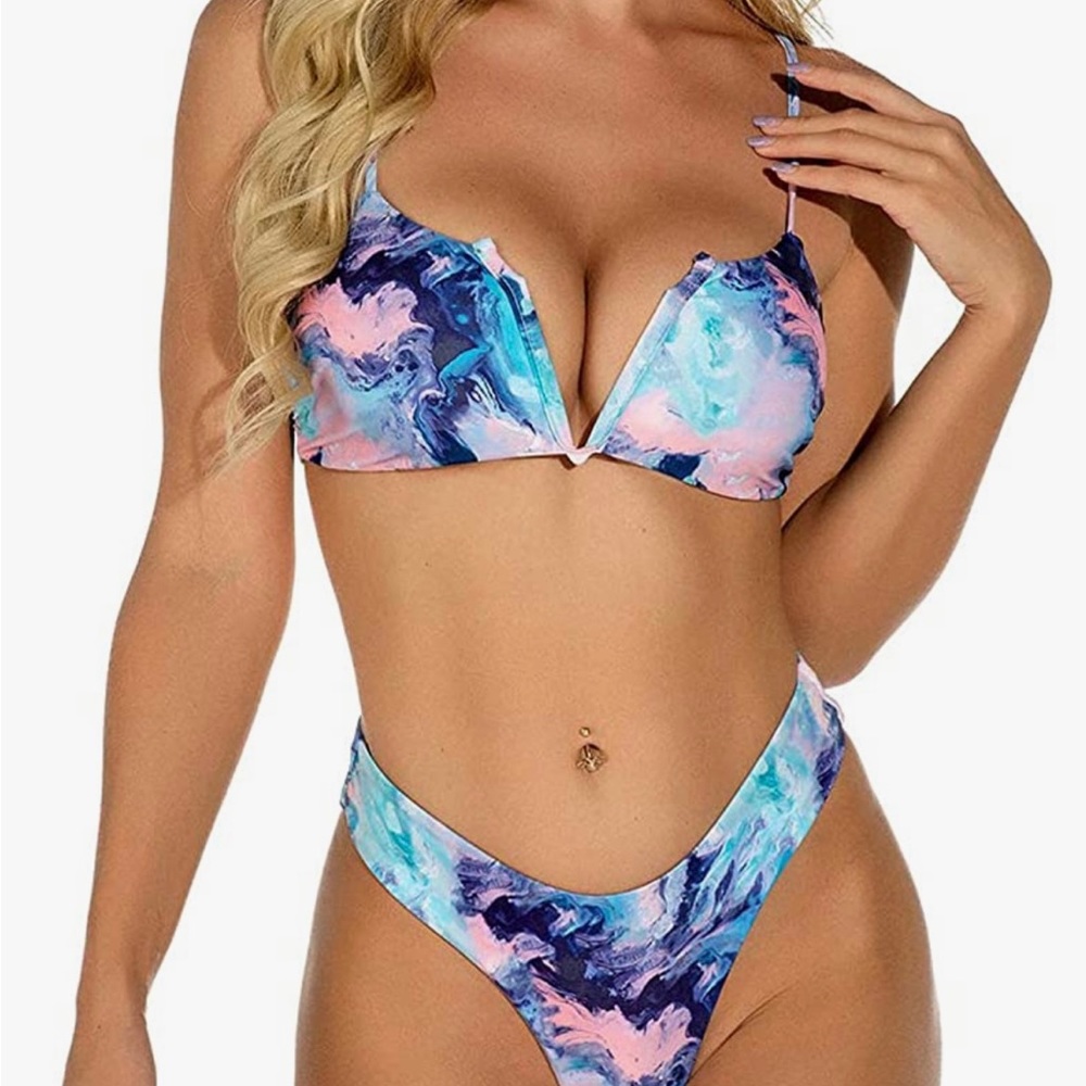 Pink and blue tie dye patterned fabric Bikini Set Swimsuit